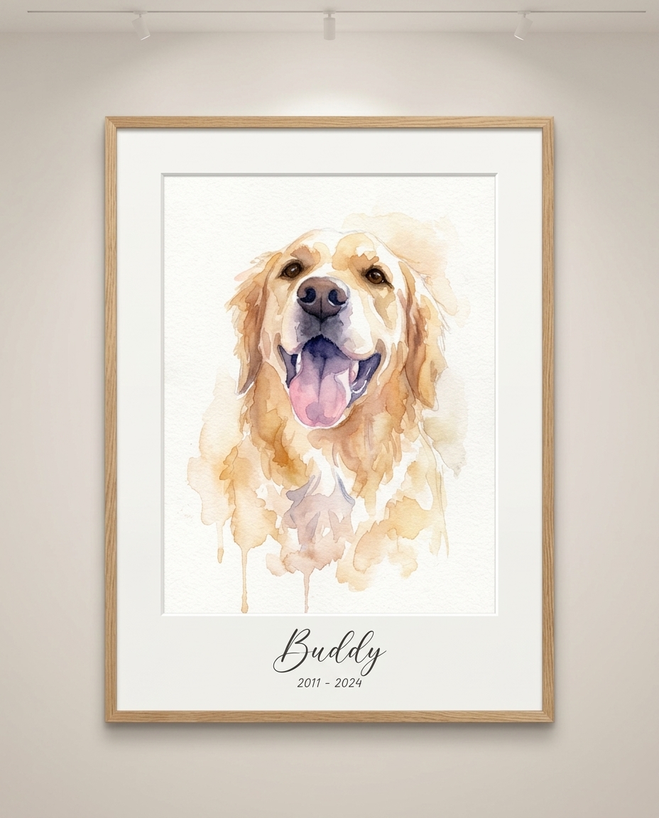 Framed watercolor portrait of a golden retriever