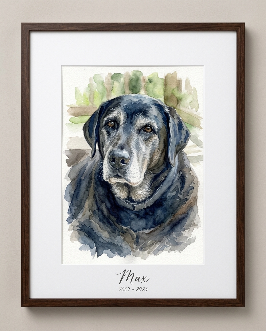 Framed watercolor portrait of a black labrador