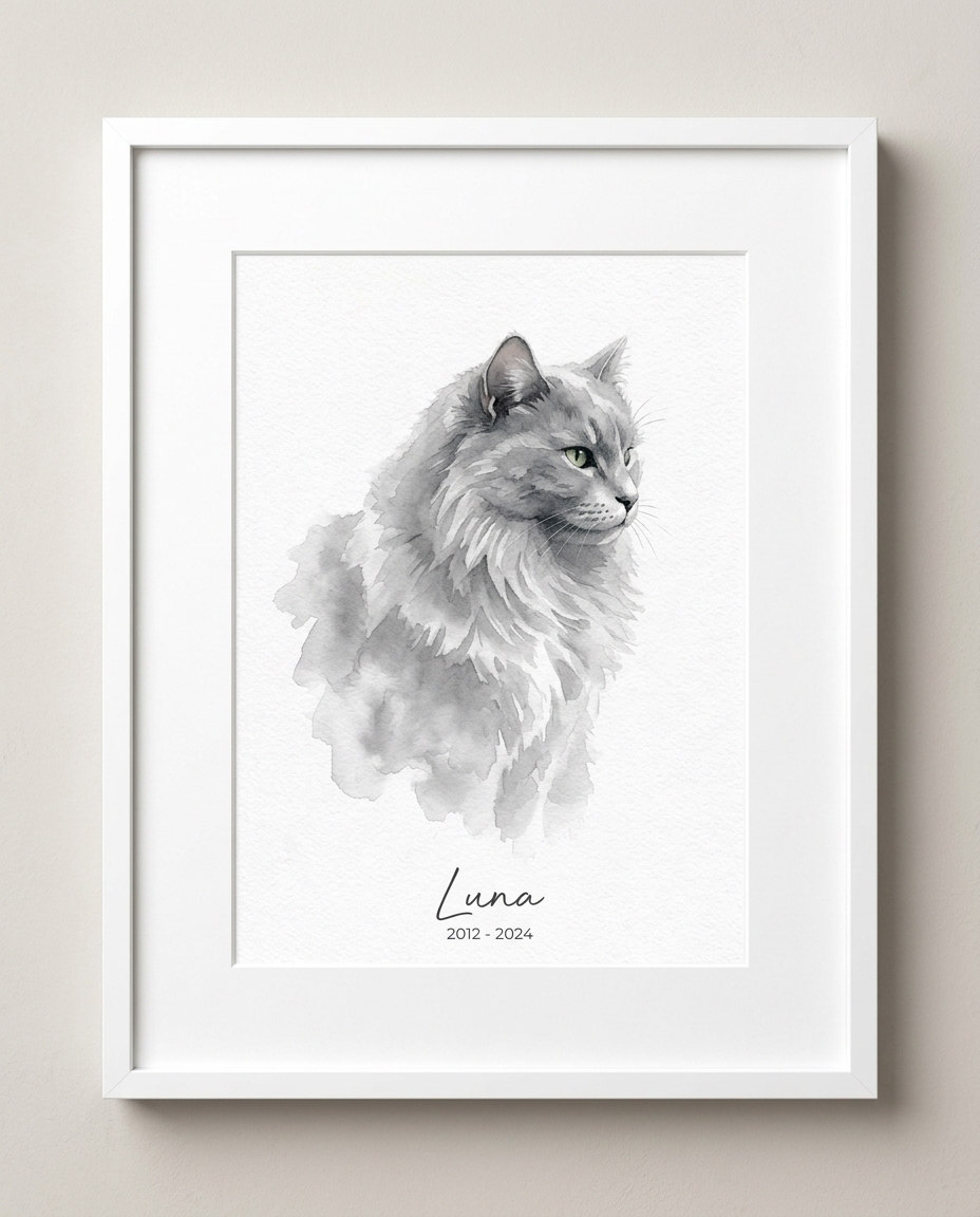 Framed watercolor portrait of a longhair cat