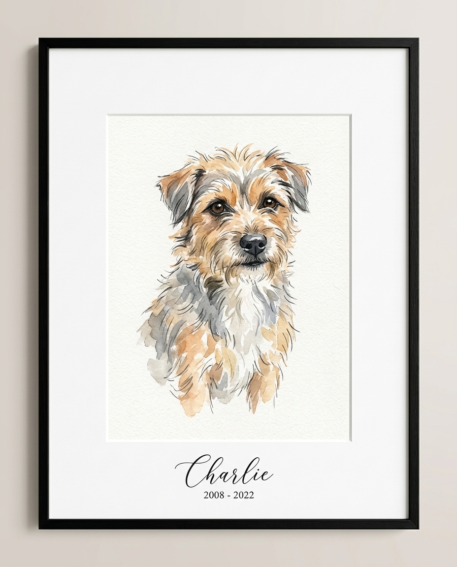 Framed watercolor portrait of a terrier