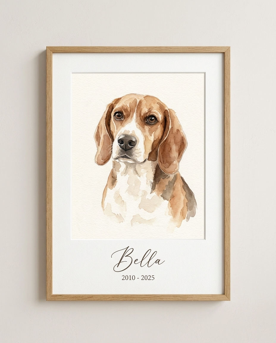 Framed watercolor portrait of a beagle