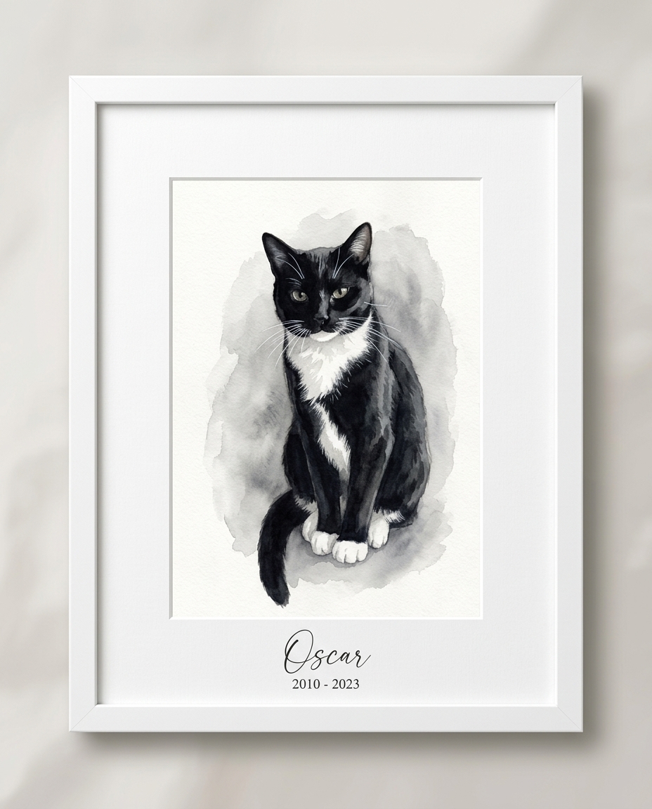 Framed watercolor portrait of a tuxedo cat