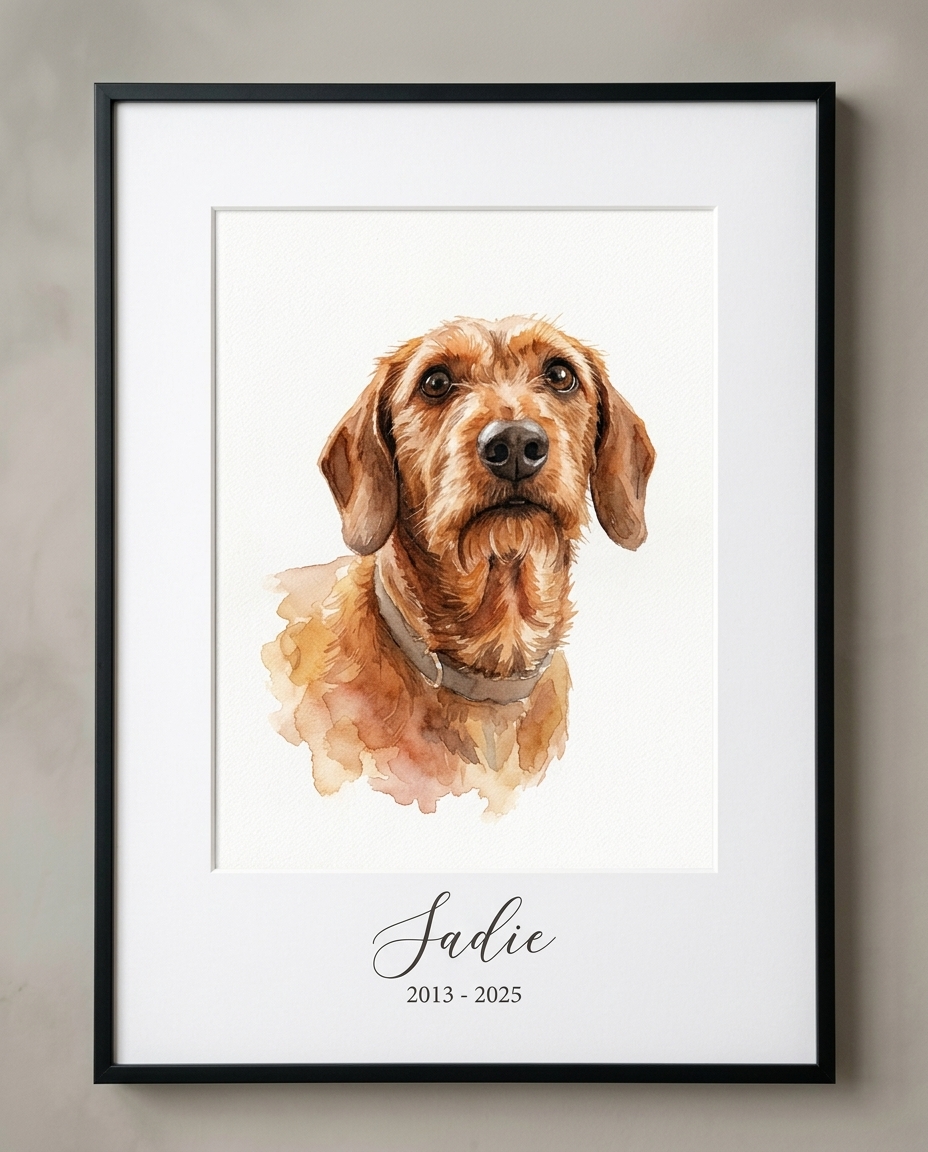Framed watercolor portrait of a dachshund