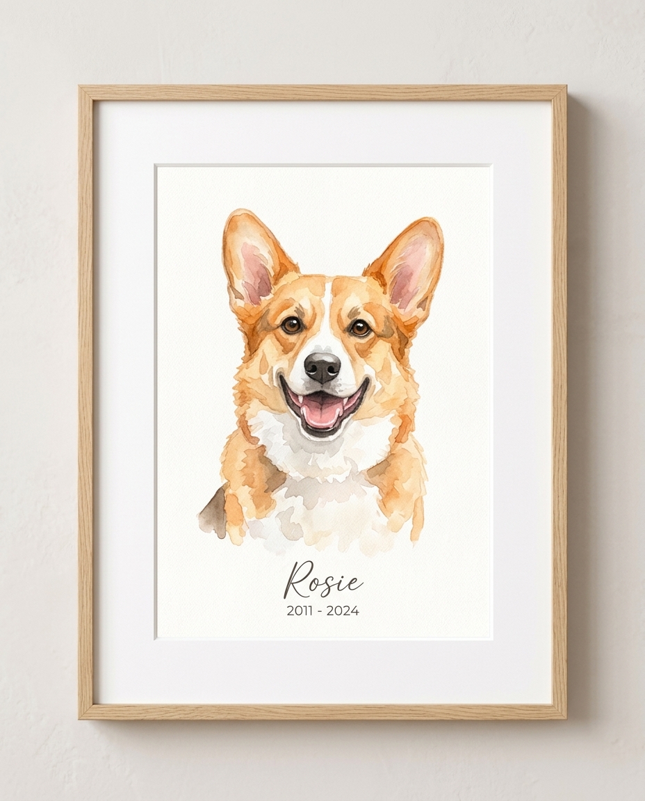 Framed watercolor portrait of a corgi