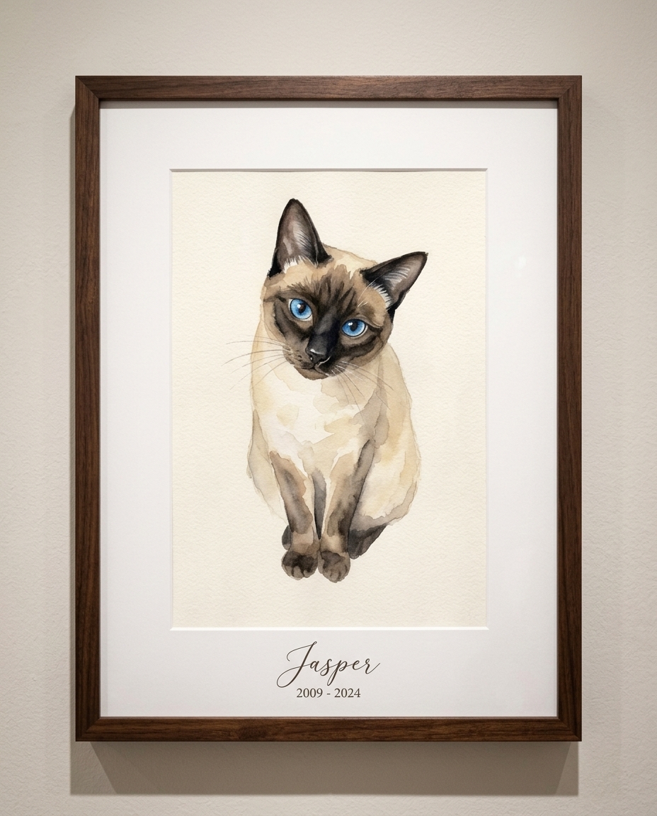 Framed watercolor portrait of a siamese cat
