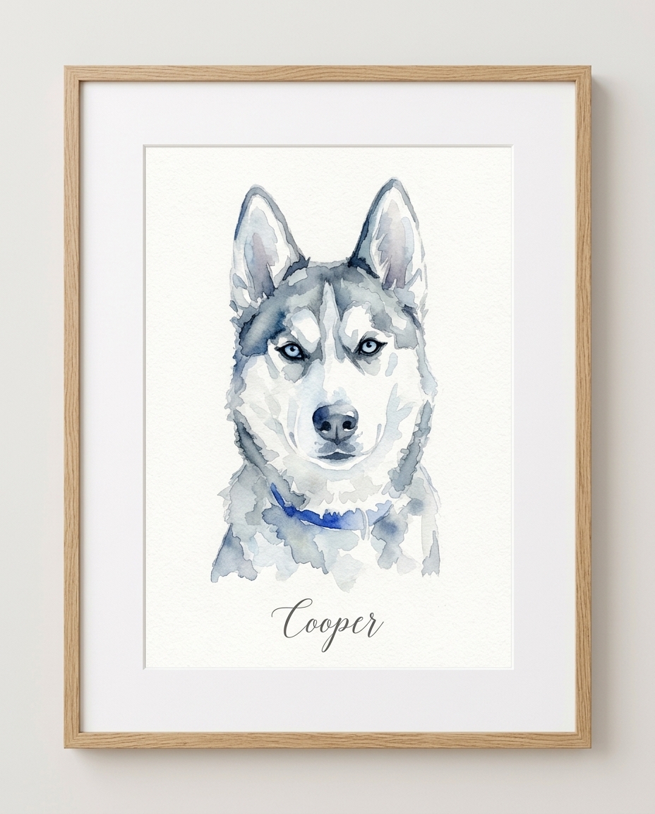 Framed watercolor portrait of a husky