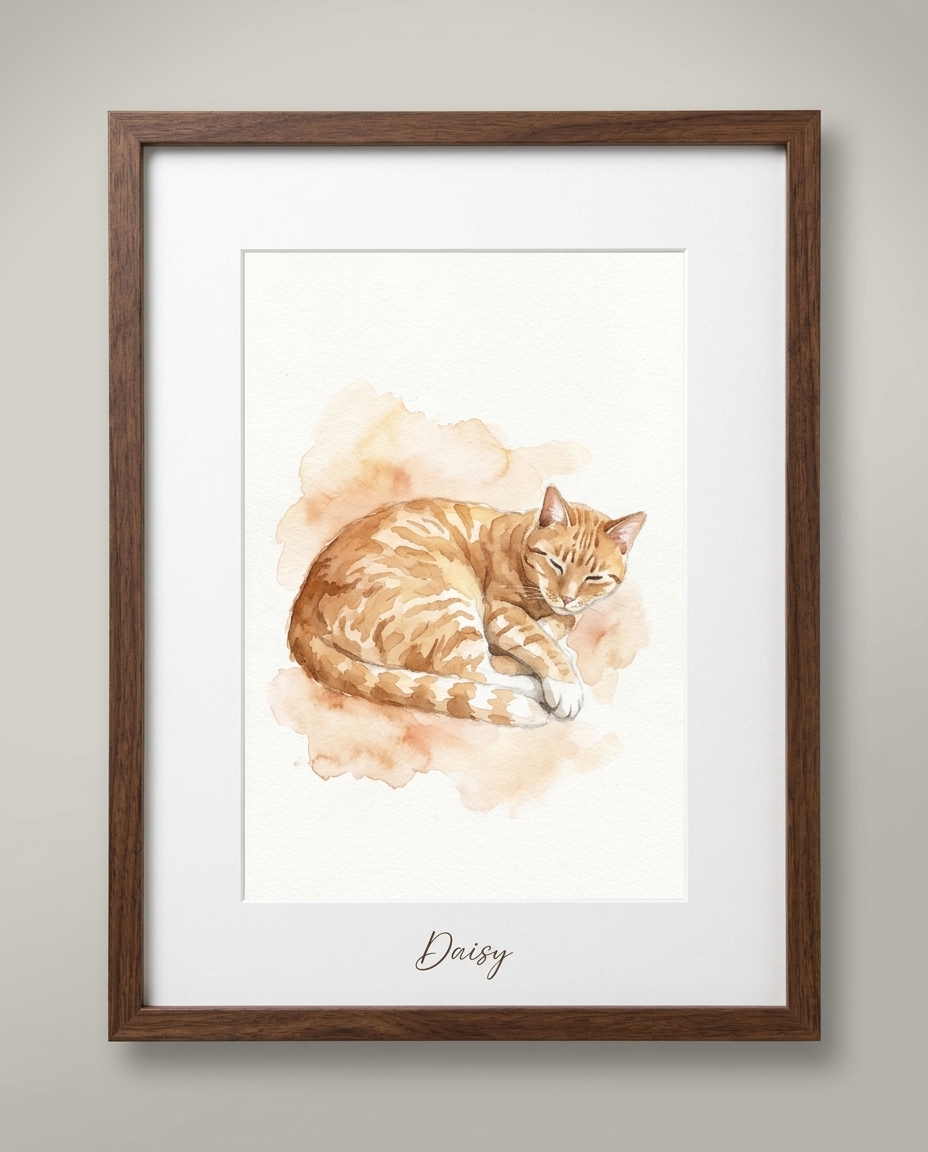 Framed watercolor portrait of an orange tabby cat