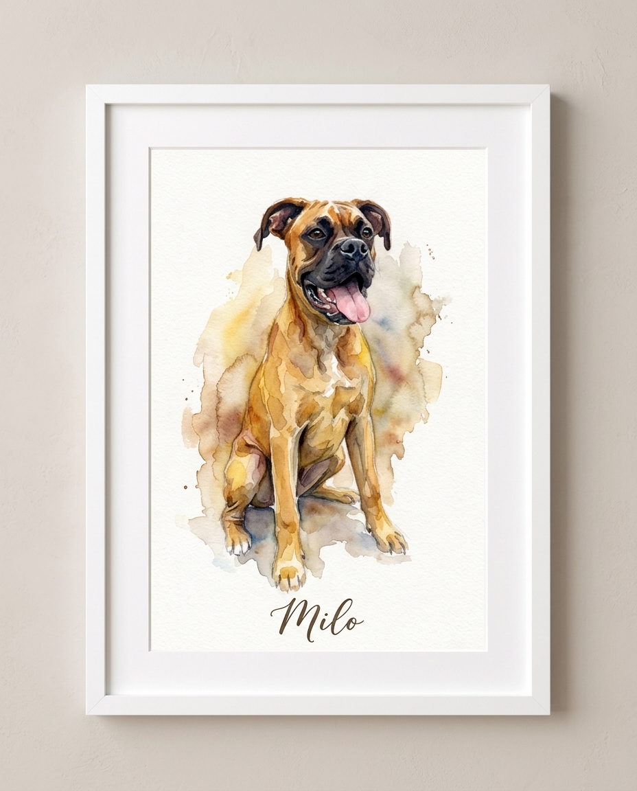 Framed watercolor portrait of a boxer