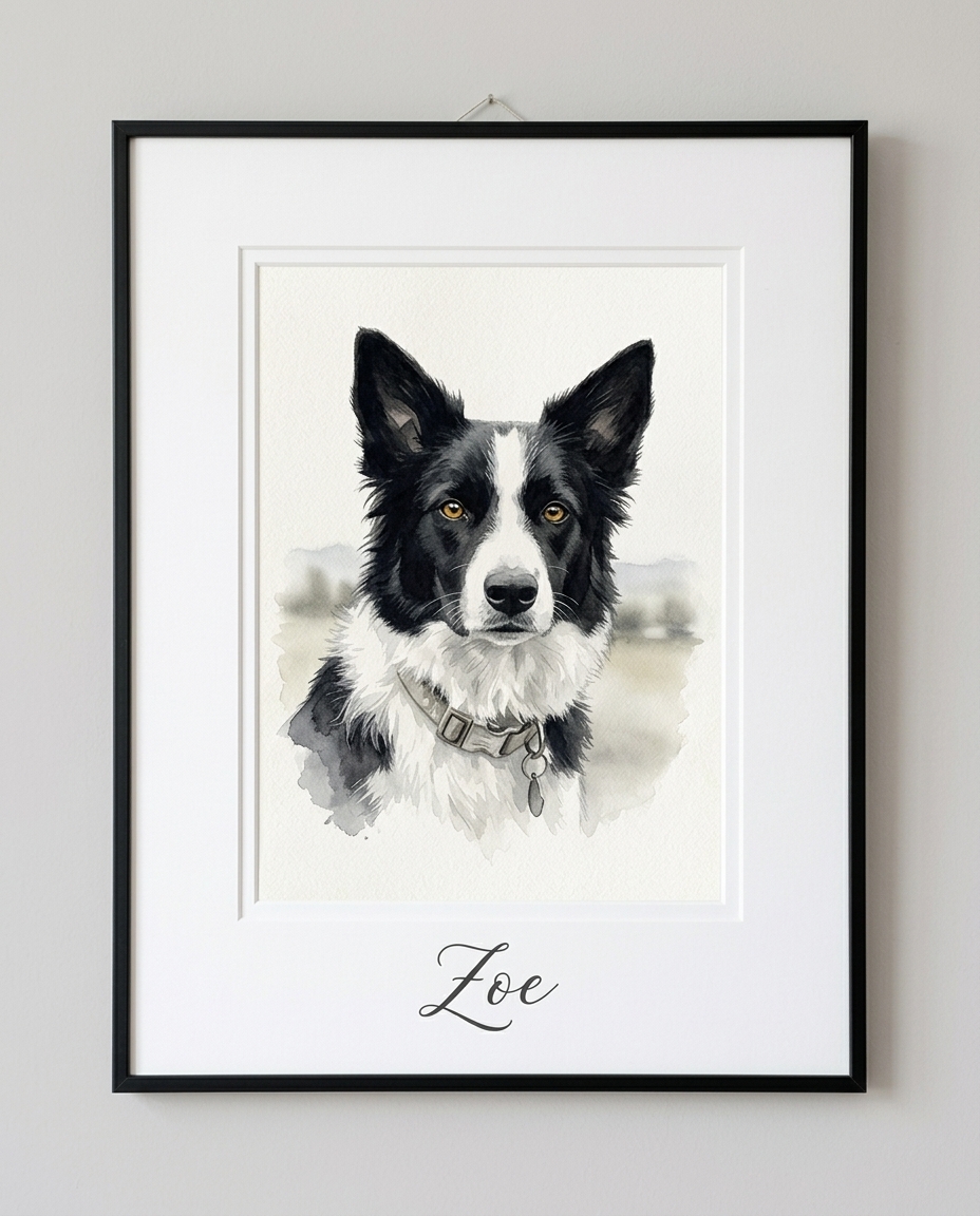 Framed watercolor portrait of a border collie