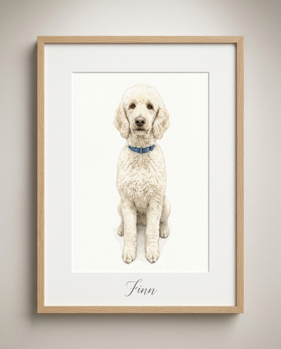 Framed watercolor portrait of a poodle