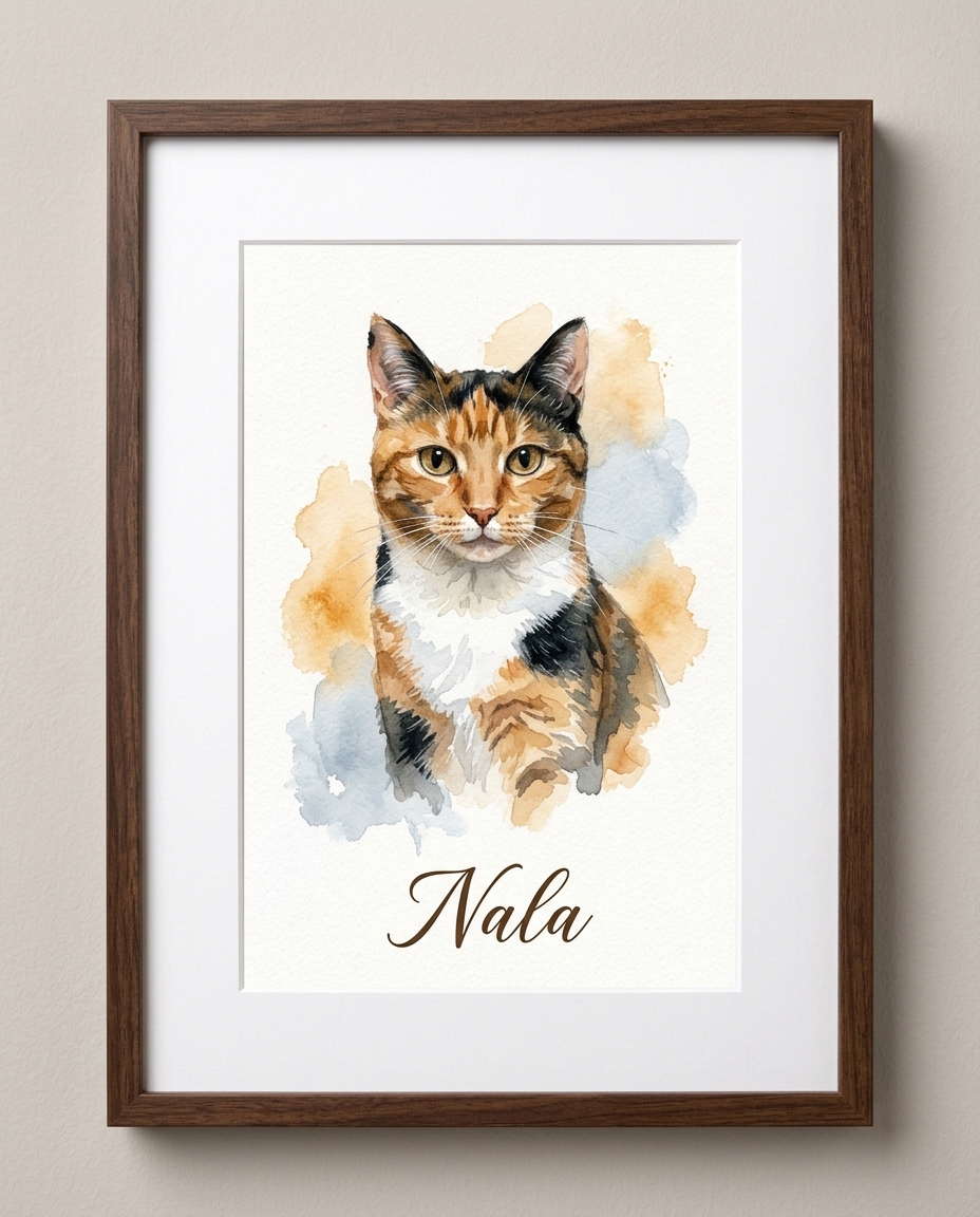 Framed watercolor portrait of a calico cat