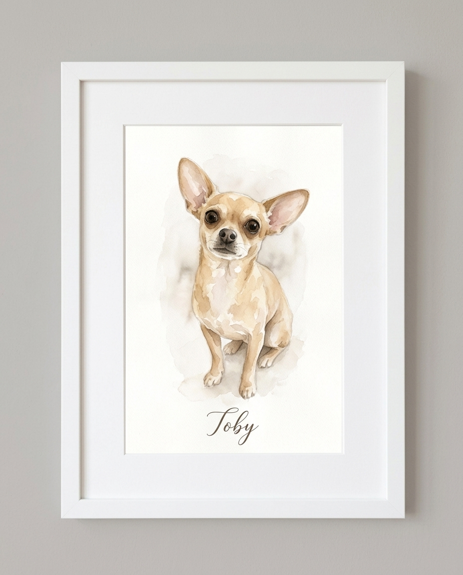 Framed watercolor portrait of a chihuahua