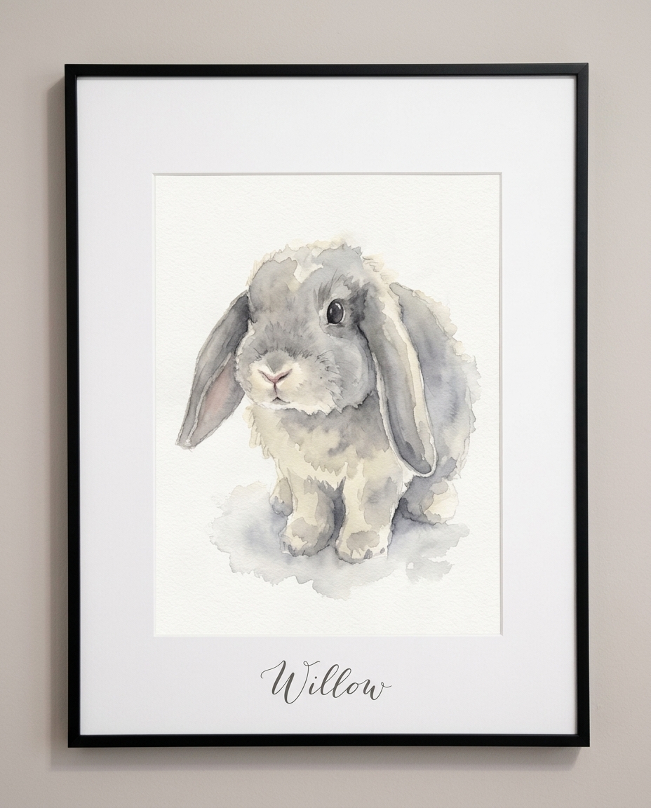 Framed watercolor portrait of a rabbit