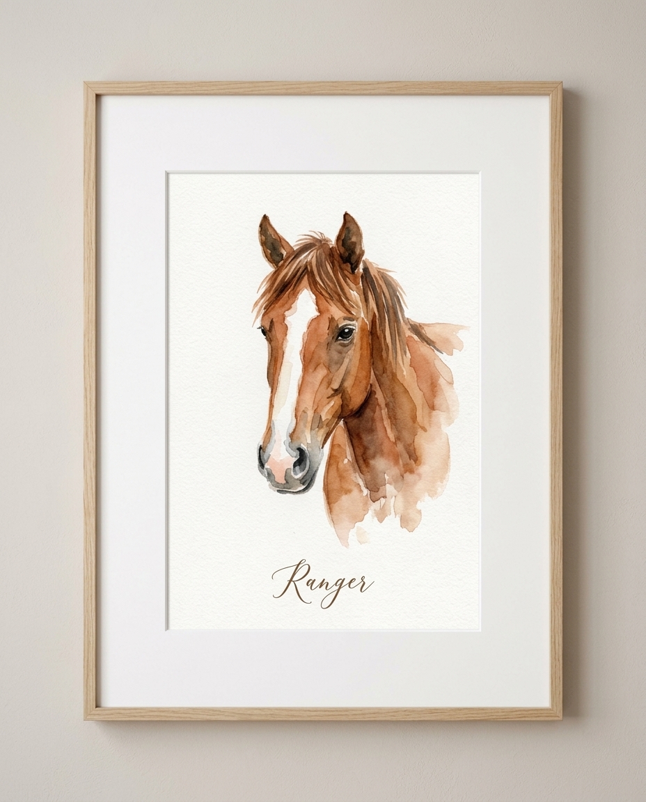 Framed watercolor portrait of a horse