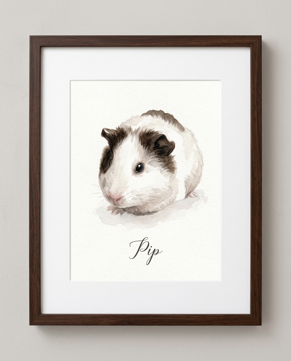 Framed watercolor portrait of a guinea pig