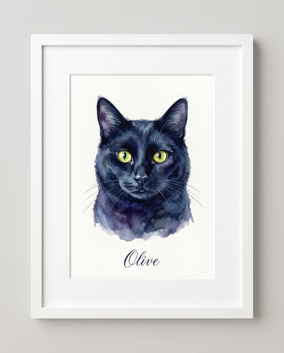 Framed watercolor portrait of a black cat