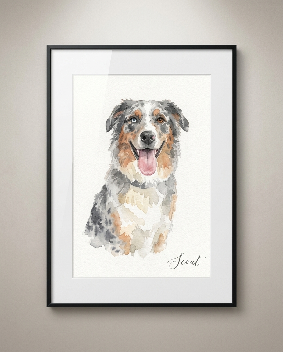 Framed watercolor portrait of an australian shepherd