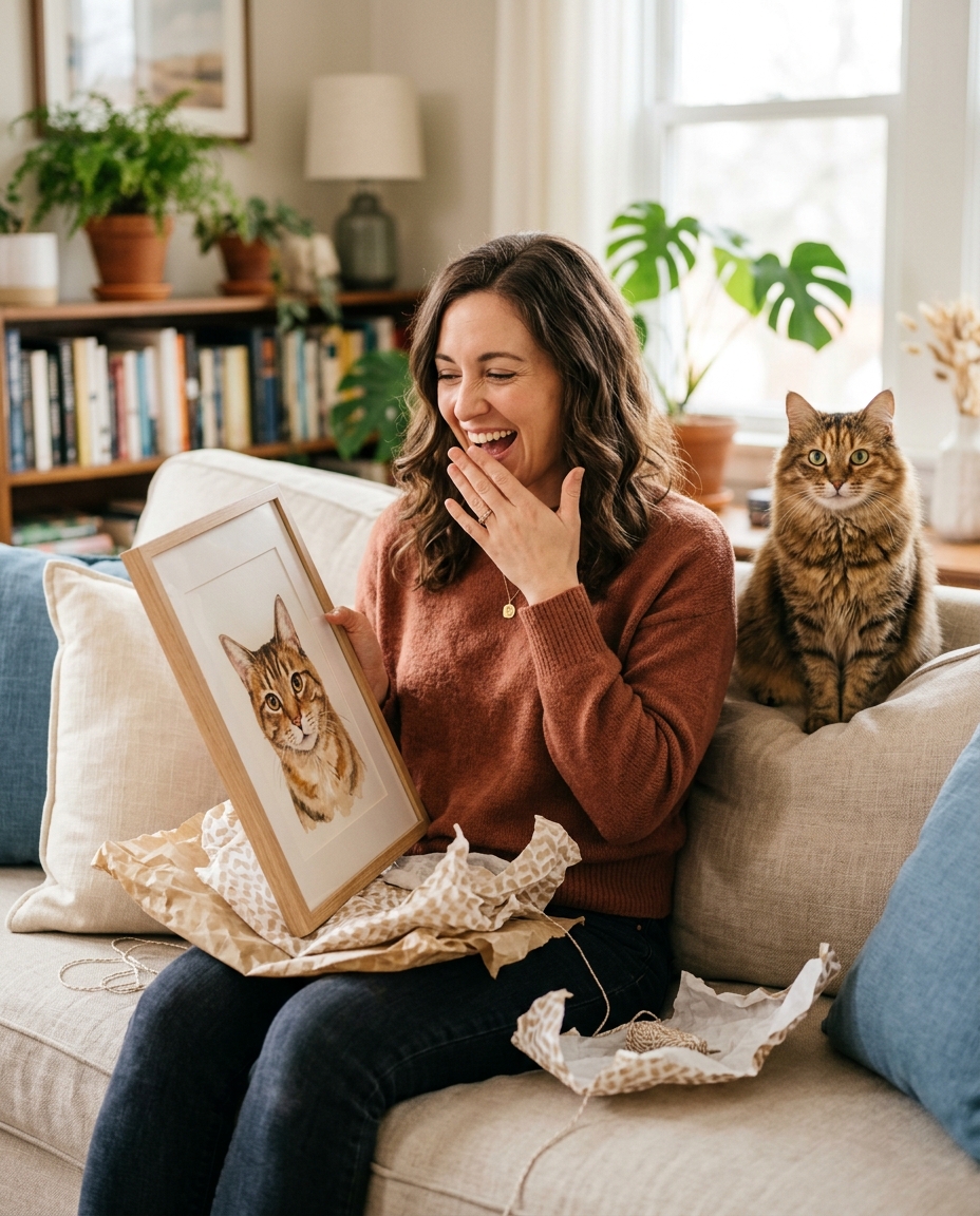 Woman delighted by a framed watercolor portrait of her cat