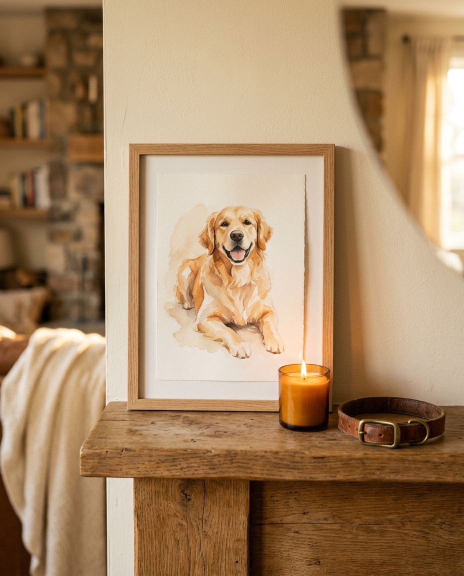 A framed watercolor pet portrait on a mantel beside a collar