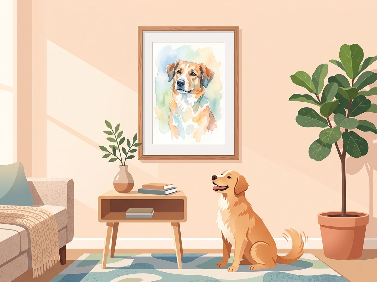 The framed pet portrait on the wall