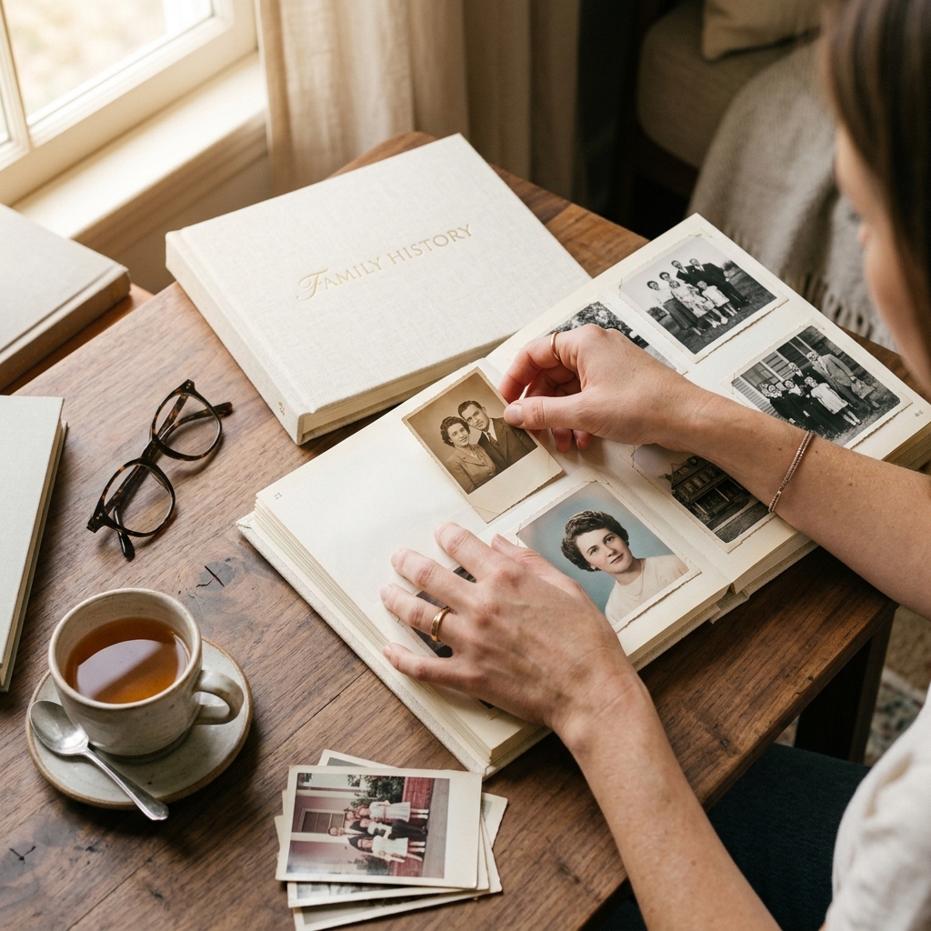 Restored vintage photographs arranged in a family album