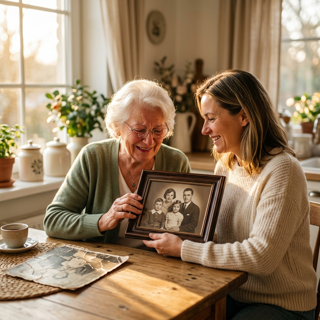 Daughter showing her mother a restored family photograph
