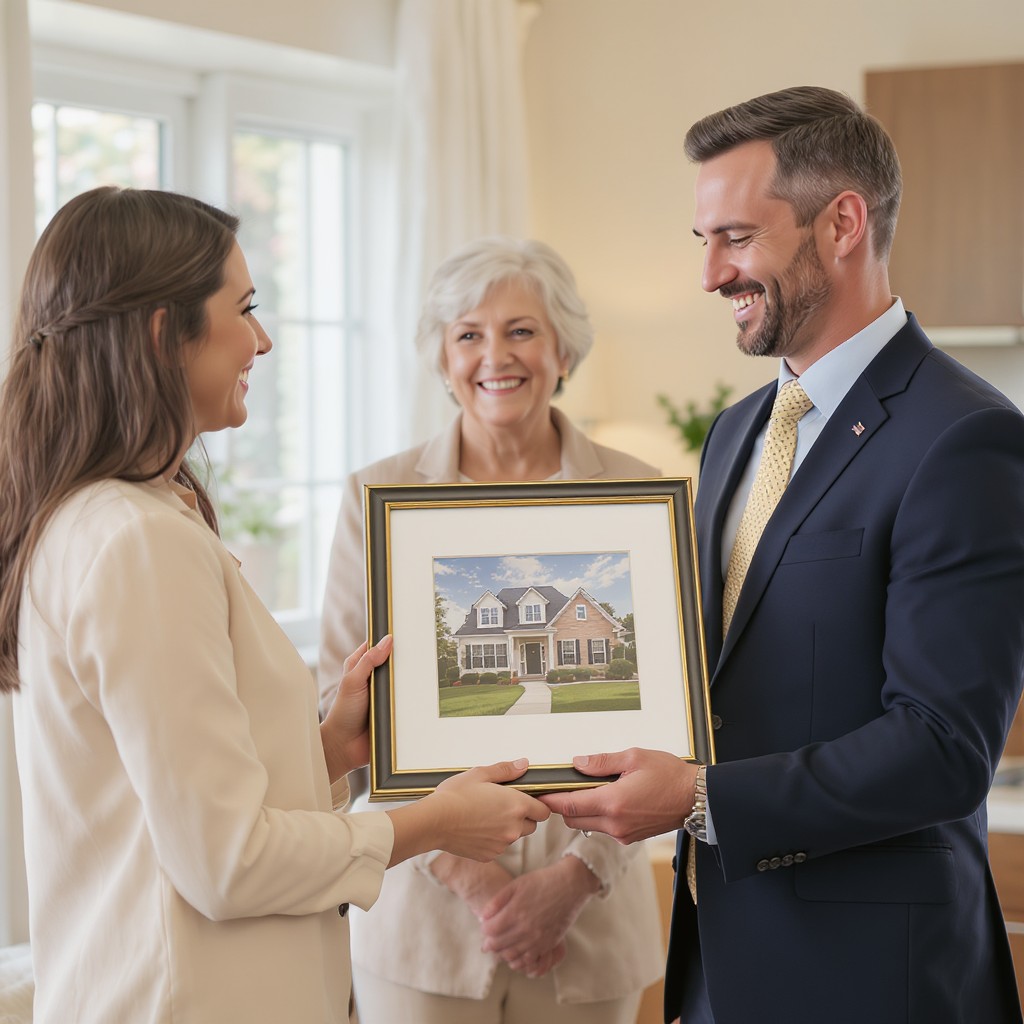 Real estate agent giving portrait gift